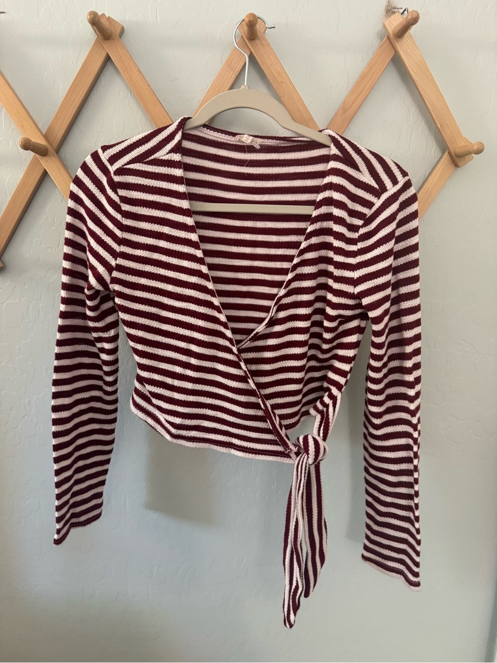 En Creme Burgundy and Cream Striped Wrap Crop Top